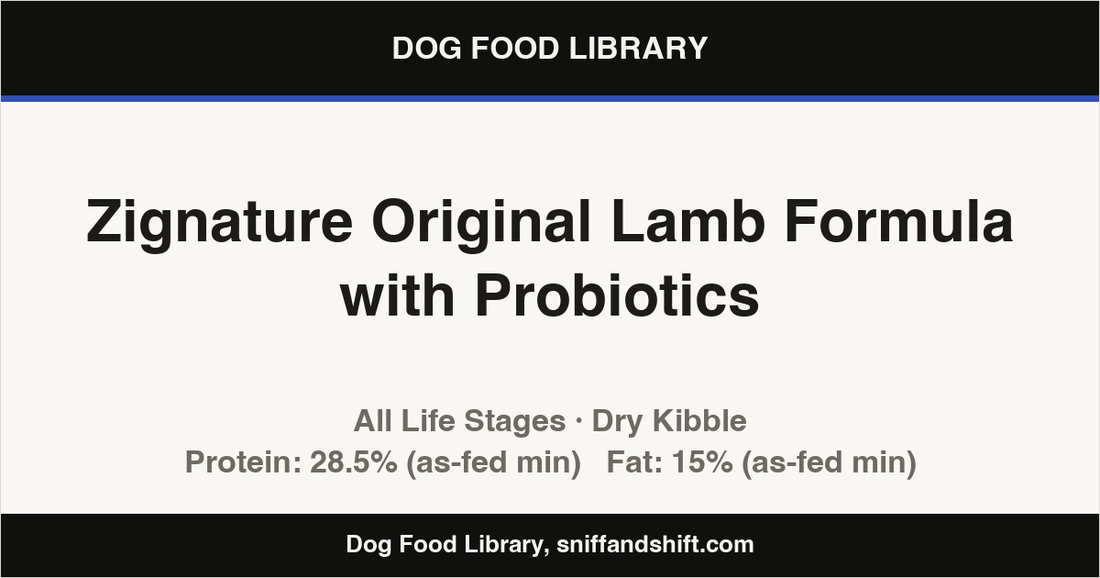 Spec card for Zignature Original Lamb Formula with Probiotics: Dry Kibble, All Life Stages