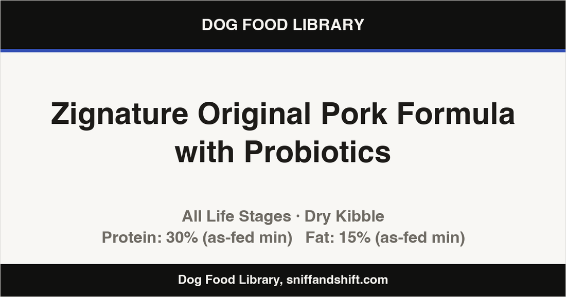 Spec card for Zignature Original Pork Formula with Probiotics: Dry Kibble, All Life Stages