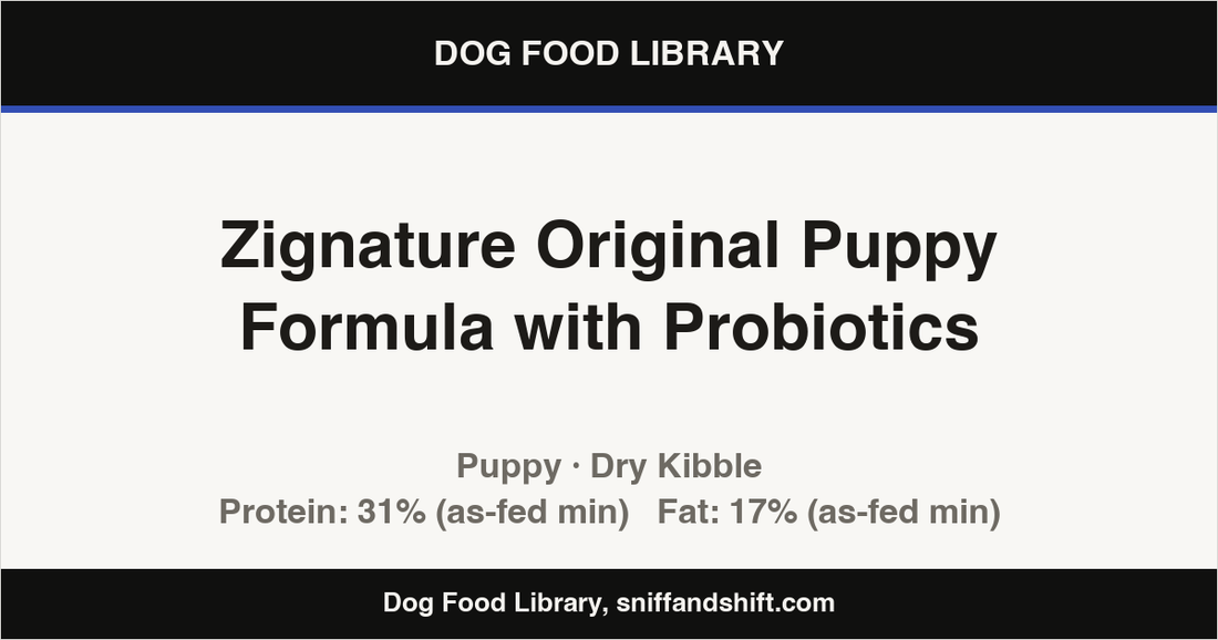 Spec card for Zignature Original Puppy Formula with Probiotics: Dry Kibble, Puppy