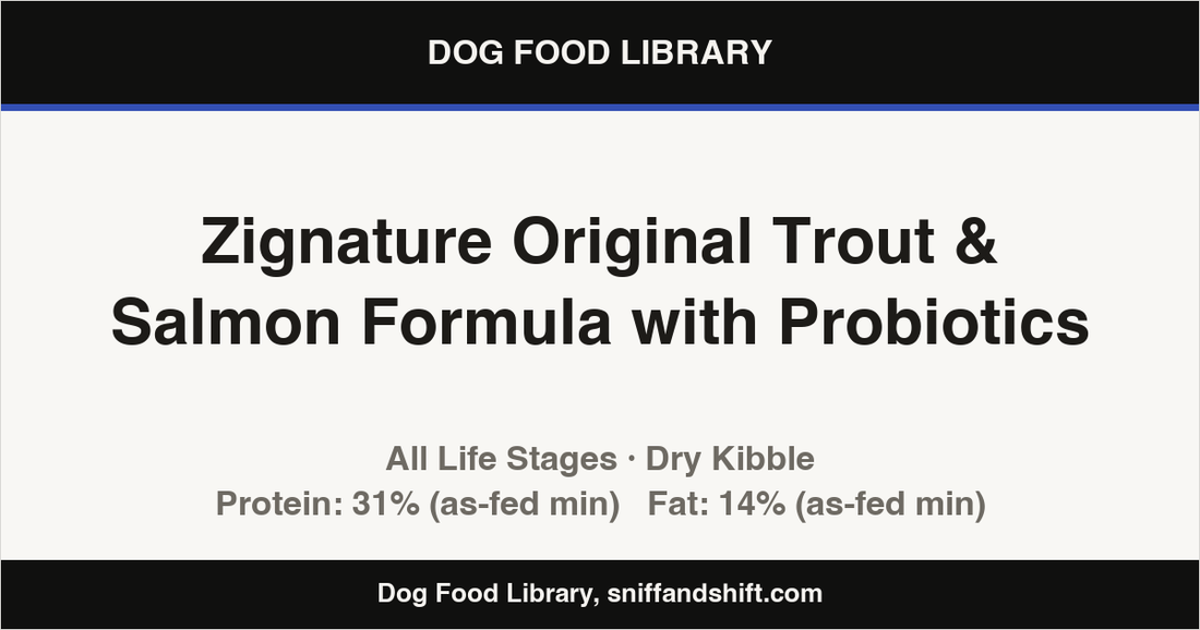 Spec card for Zignature Original Trout & Salmon Formula with Probiotics: Dry Kibble, All Life Stages