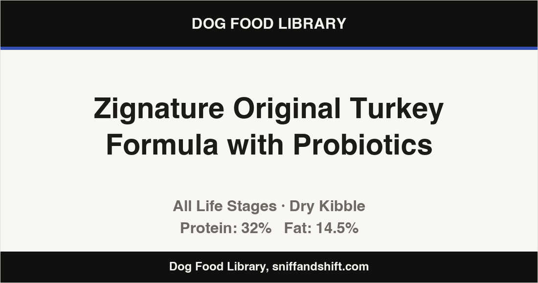Spec card for Zignature Original Turkey Formula with Probiotics: Dry Kibble, All Life Stages