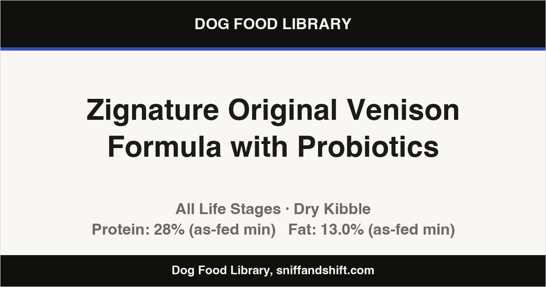 Spec card for Zignature Original Venison Formula with Probiotics: Dry Kibble, All Life Stages
