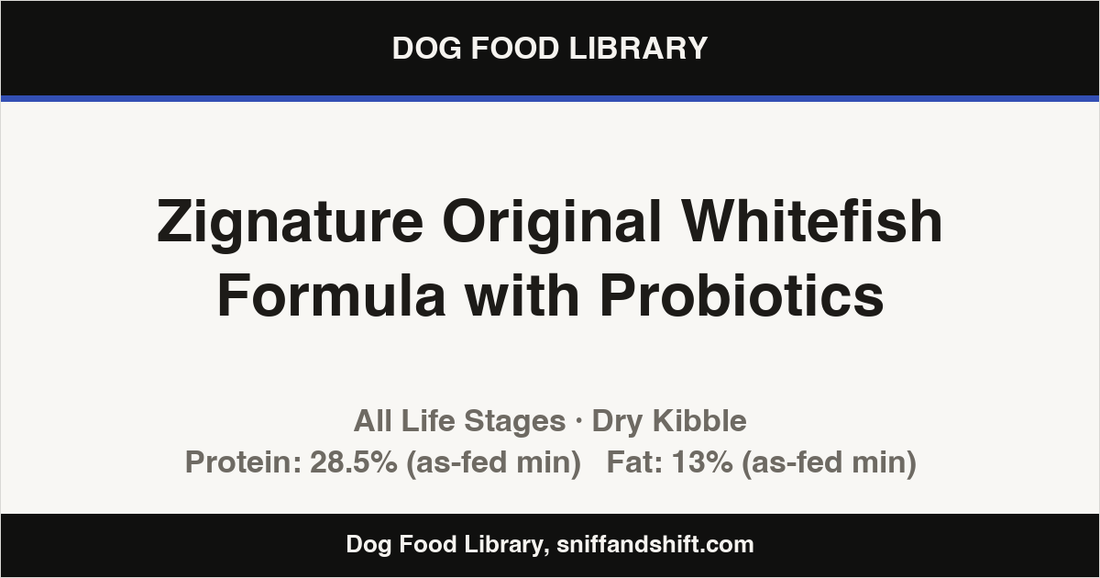 Spec card for Zignature Original Whitefish Formula with Probiotics: Dry Kibble, All Life Stages