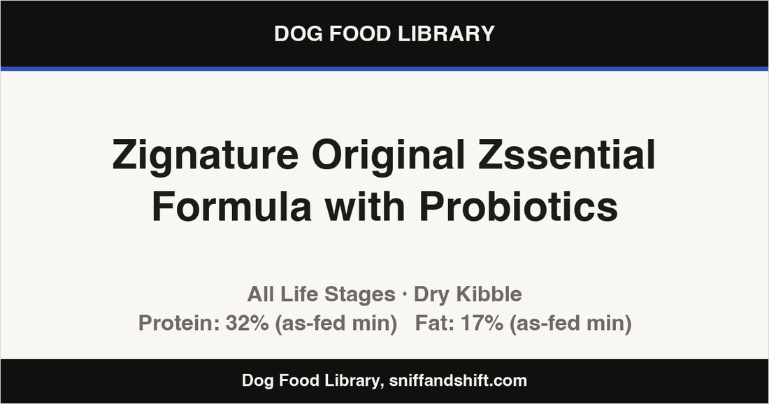 Spec card for Zignature Original Zssential Formula with Probiotics: Dry Kibble, All Life Stages