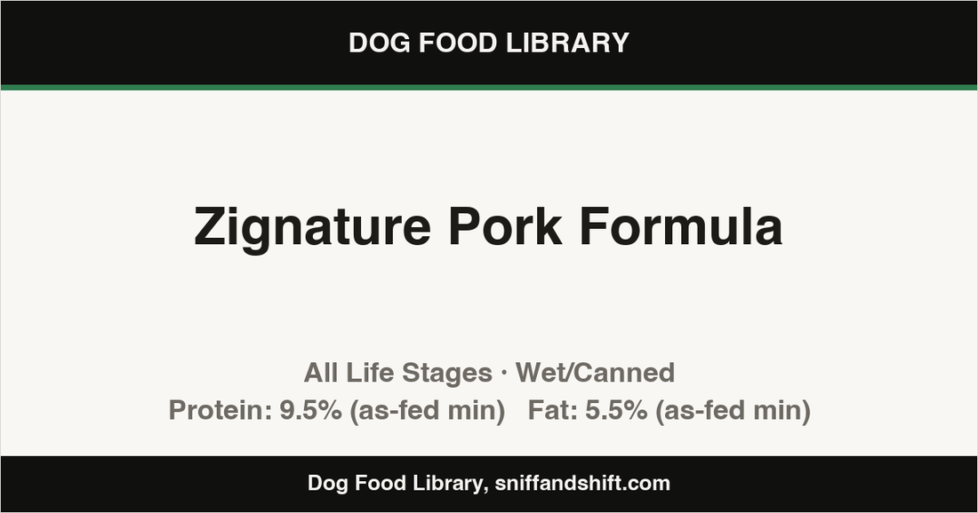 Spec card for Zignature Pork Formula: Wet/Canned, All Life Stages