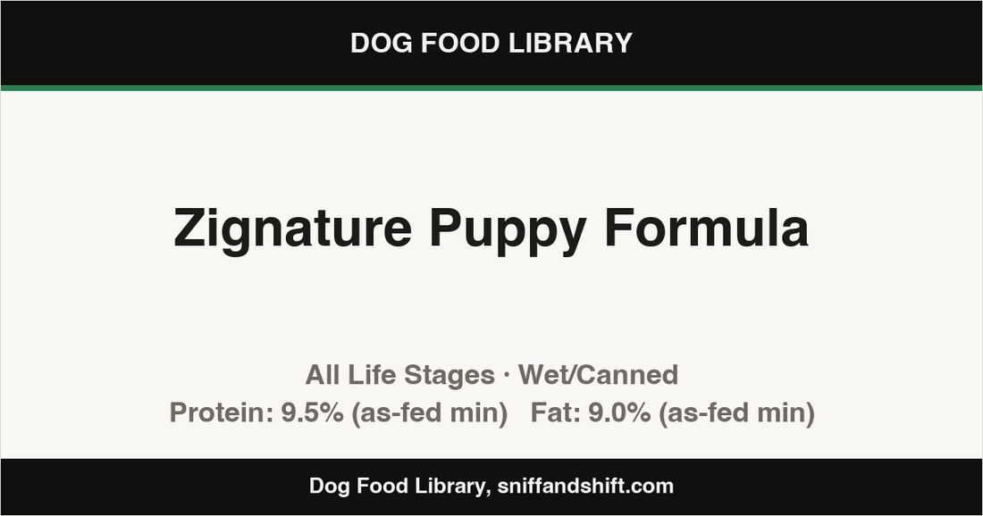 Spec card for Zignature Puppy Formula: Wet/Canned, All Life Stages