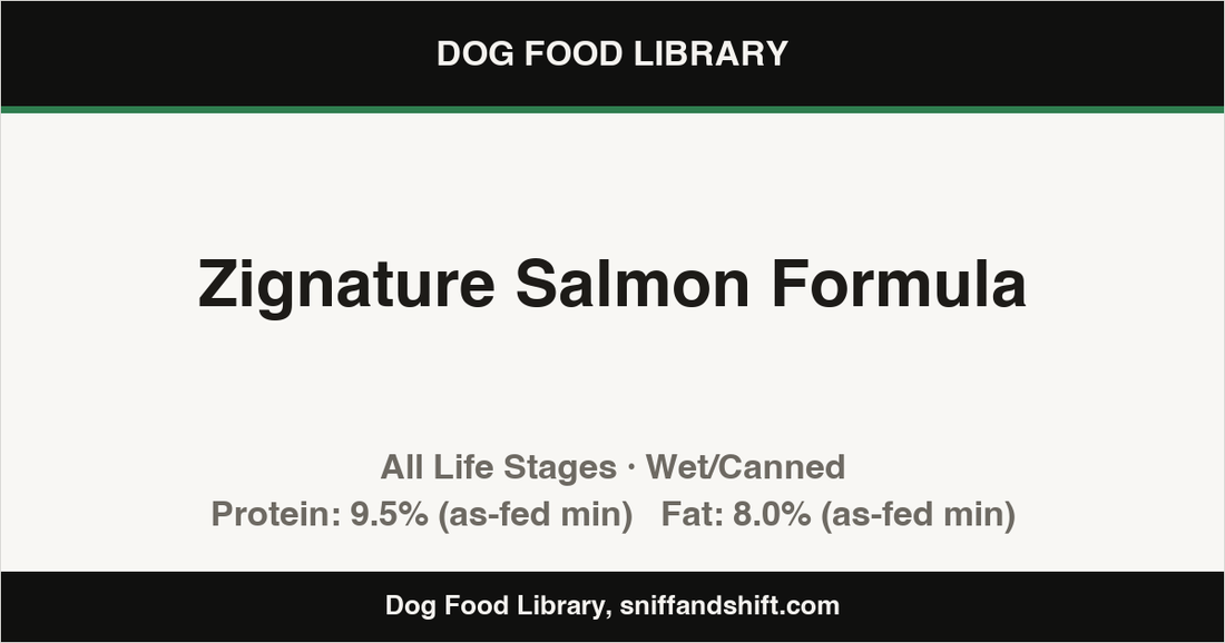 Spec card for Zignature Salmon Formula: Wet/Canned, All Life Stages