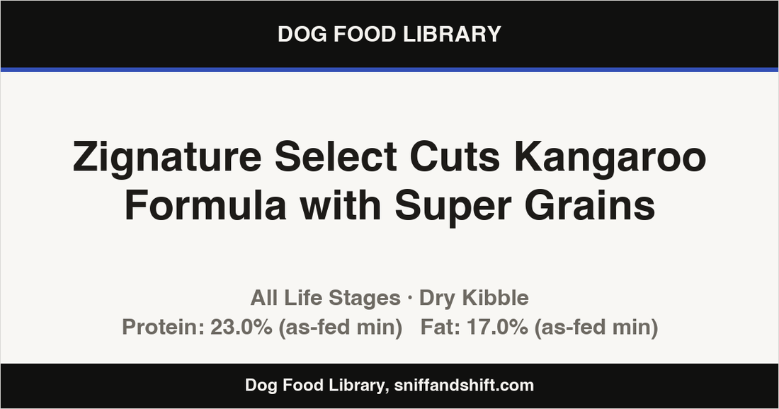 Spec card for Zignature Select Cuts Kangaroo Formula with Super Grains: Dry Kibble, All Life Stages
