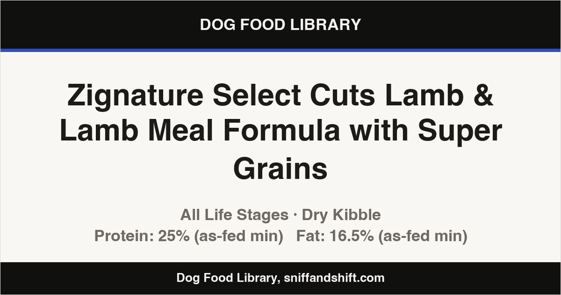 Spec card for Zignature Select Cuts Lamb & Lamb Meal Formula with Super Grains: Dry Kibble, All Life Stages