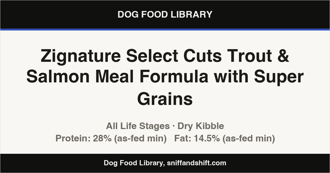 Spec card for Zignature Select Cuts Trout & Salmon Meal Formula with Super Grains: Dry Kibble, All Life Stages