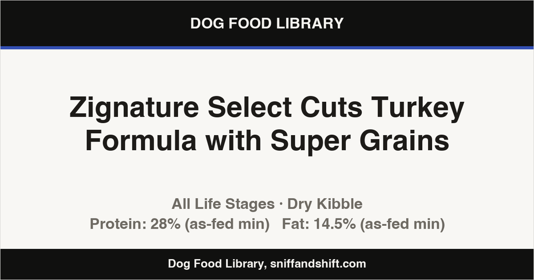 Spec card for Zignature Select Cuts Turkey Formula with Super Grains: Dry Kibble, All Life Stages