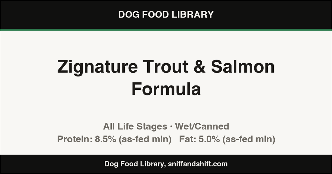 Spec card for Zignature Trout & Salmon Formula: Wet/Canned, All Life Stages