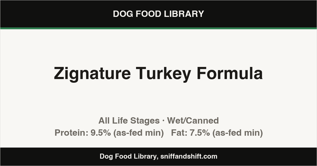 Spec card for Zignature Turkey Formula: Wet/Canned, All Life Stages