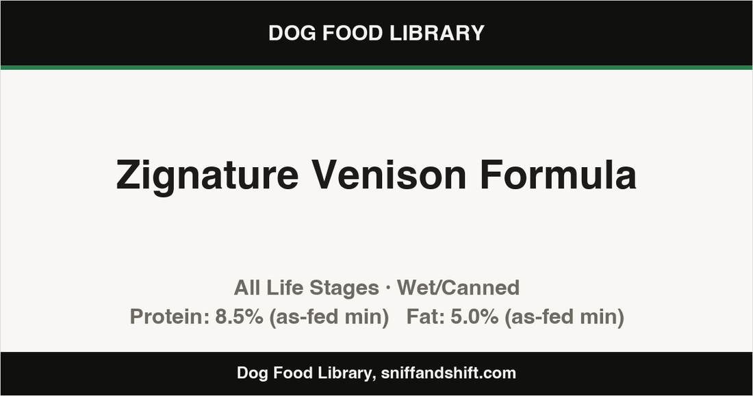 Spec card for Zignature Venison Formula: Wet/Canned, All Life Stages