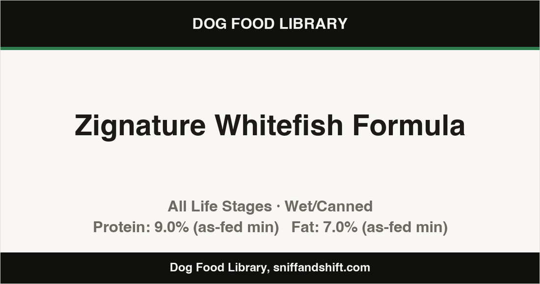 Spec card for Zignature Whitefish Formula: Wet/Canned, All Life Stages