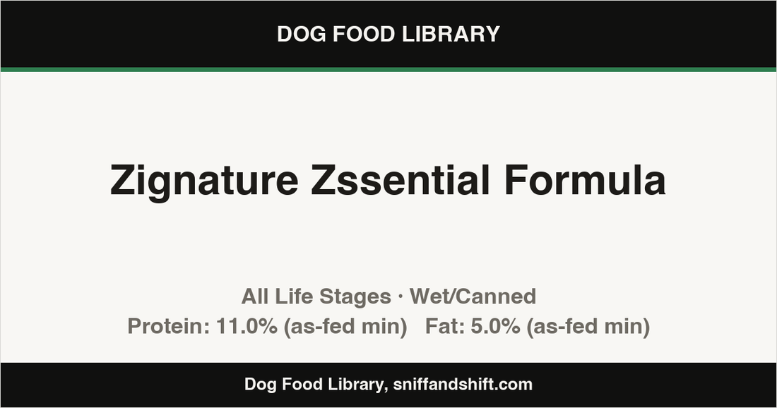 Spec card for Zignature Zssential Formula: Wet/Canned, All Life Stages