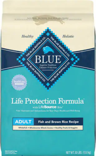 Bag of Blue Buffalo Adult Fish & Brown Rice Dry Dog Food