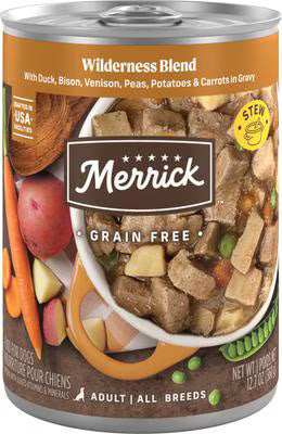 Can of Merrick Grain Free Wilderness Blend wet dog food