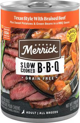 Can of Merrick Slow Cooked Grain Free Adult Texas Beef wet dog food