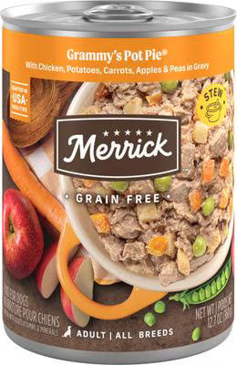 Can of Merrick Grain Free Grammy Pot Pie wet dog food