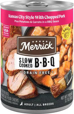 Merrick Slow Cooked Grain Free BBQ Kansas City Style Pork canned dog food, 12.7 oz can