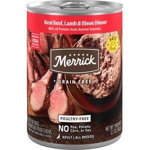 Merrick Grain Free Real Beef, Lamb and Bison canned dog food, 12.7 oz can