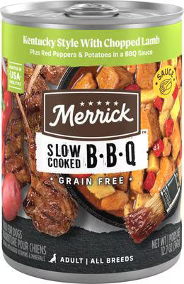 Can of Merrick Slow Cooked Grain Free Adult BBQ Kentucky Lamb wet dog food