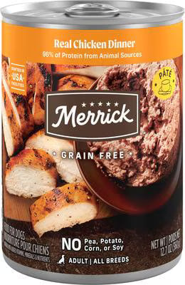 12.7oz can of Merrick Grain Free Real Chicken Dinner wet dog food
