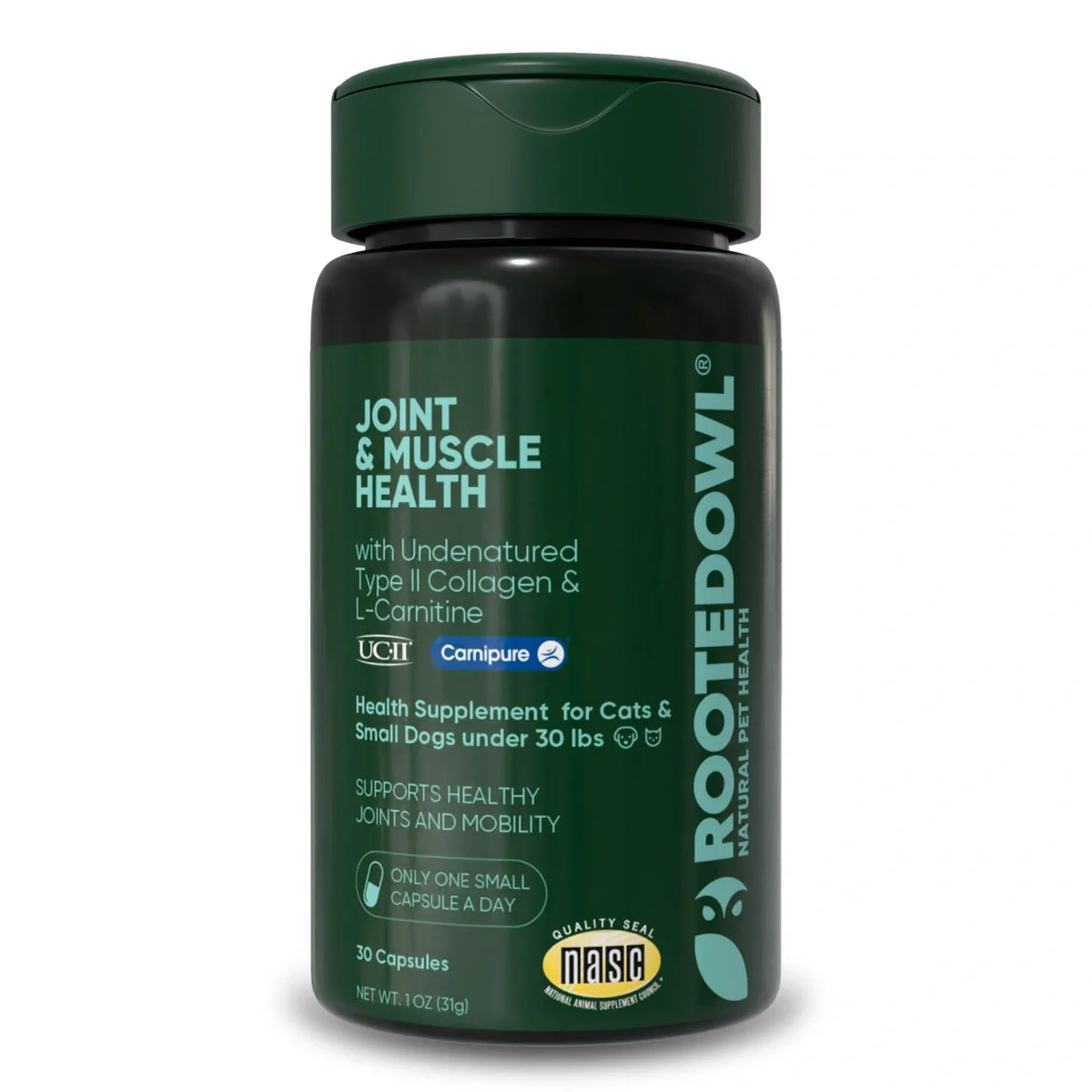 Rooted Owl Joint & Muscle Health capsule supplement bottle for cats and small dogs under 30 lb, sold through Sniff and Shift