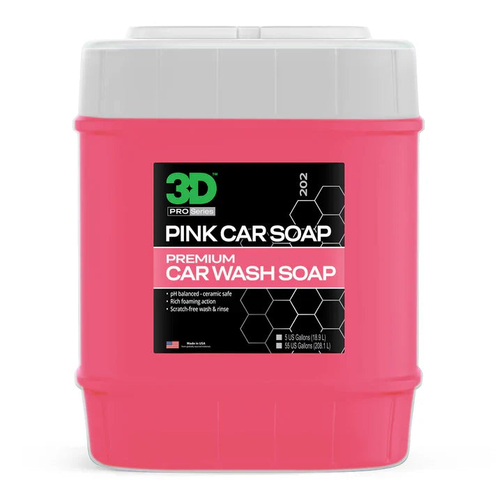 3D Pink Car Soap 5 gallon pail, pink plastic bucket with a white lid and a black 3D Pink Car Soap label