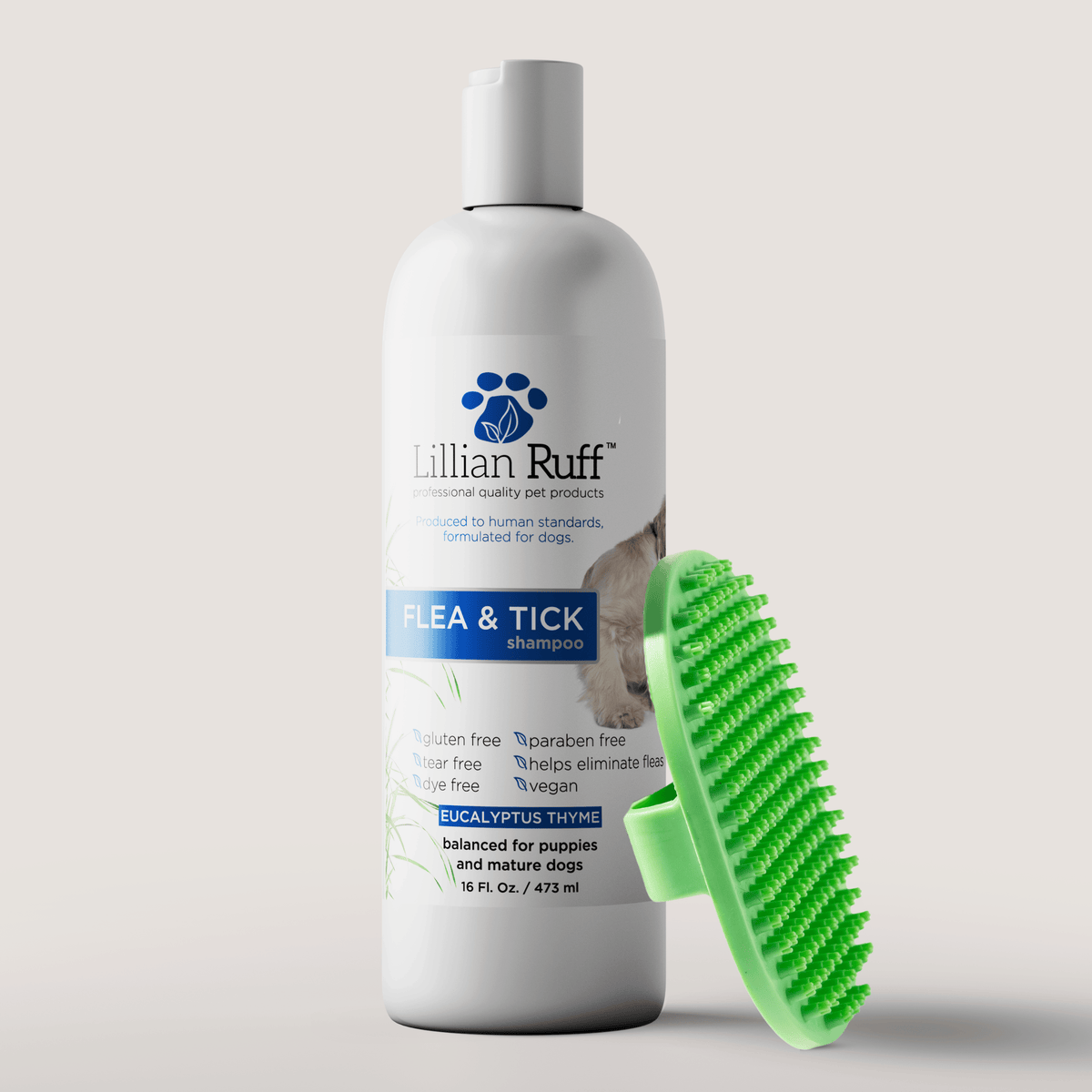 16 oz bottle of Flea & Tick Shampoo with Bath Brush, Lillian Ruff, sold through Sniff and Shift