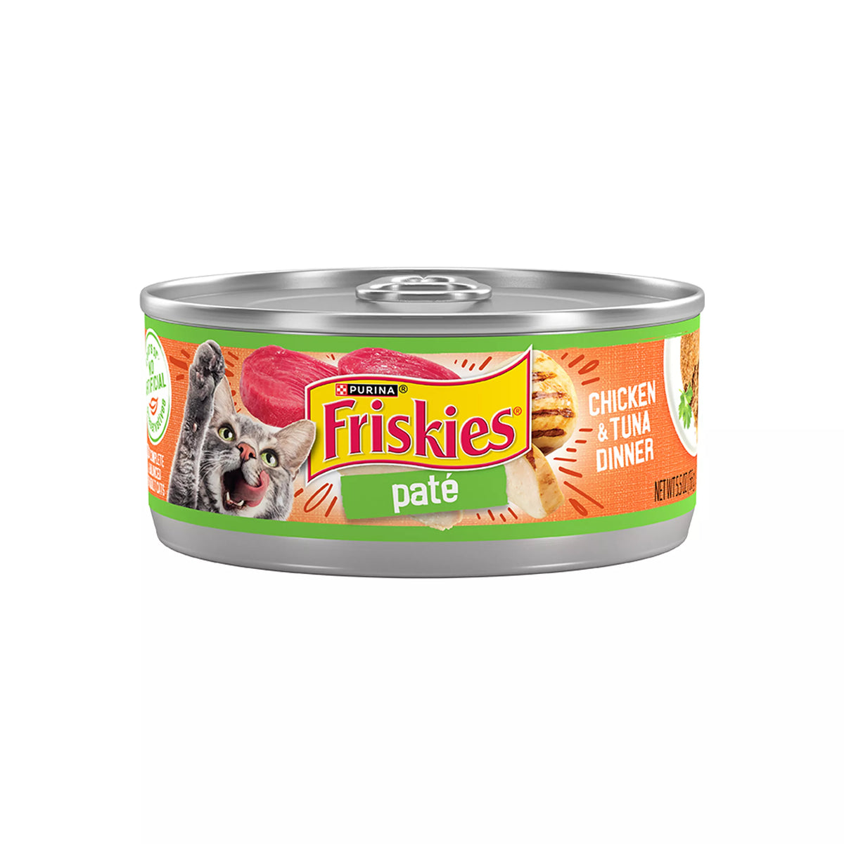 Can of Friskies Pate Chicken & Tuna Dinner wet cat food, 5.5 ounce