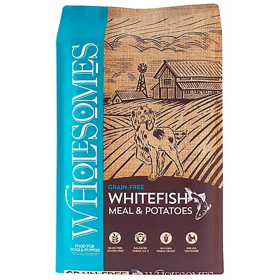 35 lb bag of Wholesomes Grain Free Whitefish Meal & Potatoes dry dog food