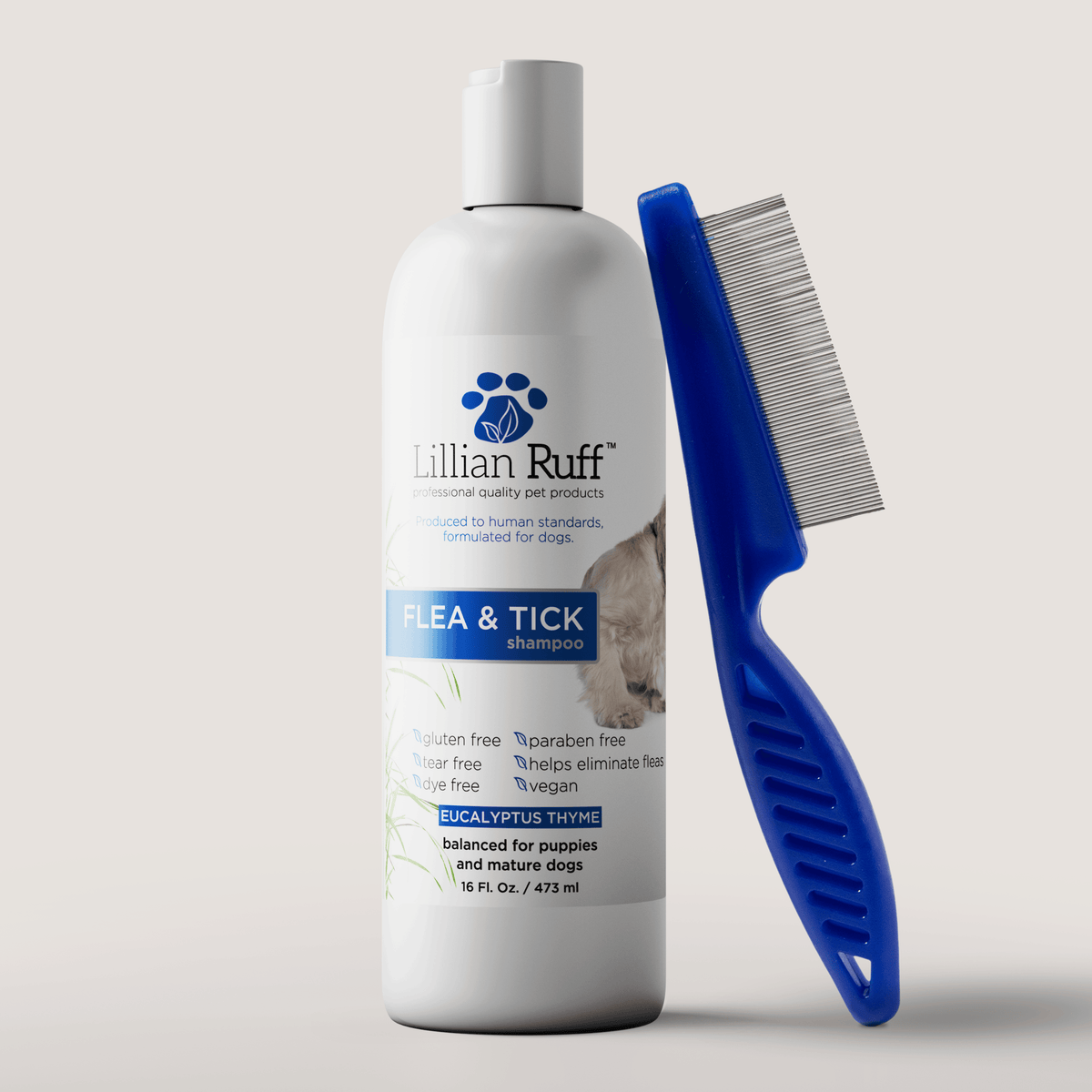 16 oz bottle of Flea and Tick Shampoo with flea comb, Lillian Ruff, sold through Sniff and Shift