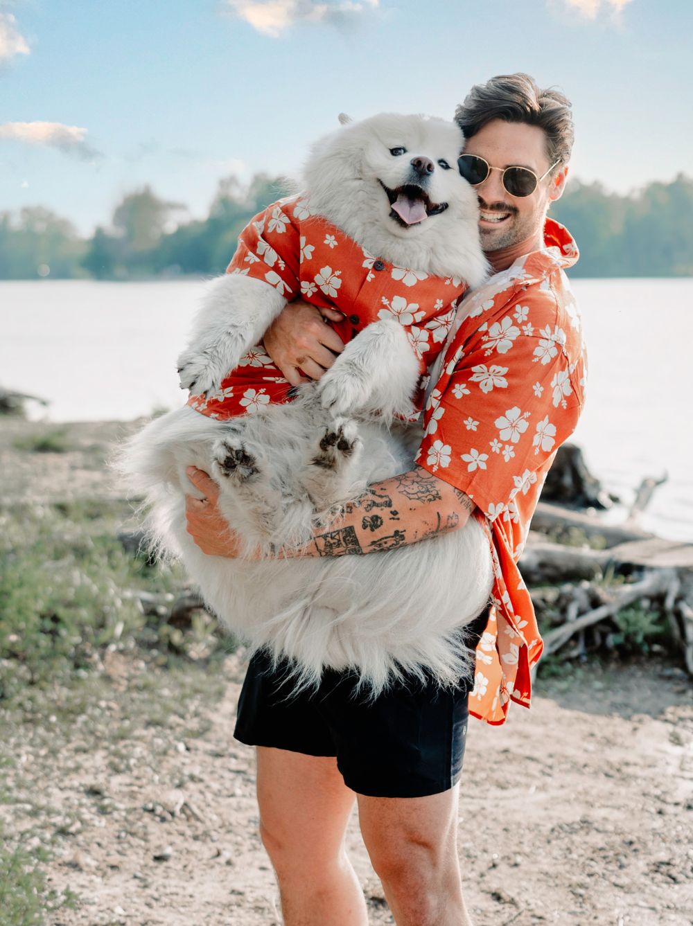 Dog, adult and kid matching in the Clay Hibiscus BBQ Shirt terracotta print, Good Thomas, sold through Sniff and Shift