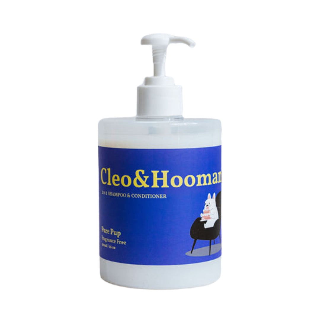 Cleo&Hooman Pure-Pup fragrance free dog shampoo and conditioner in a white pump bottle with a blue and yellow label