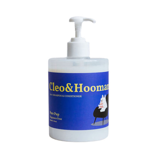 Cleo&Hooman Pure-Pup fragrance free dog shampoo and conditioner in a white pump bottle with a blue and yellow label
