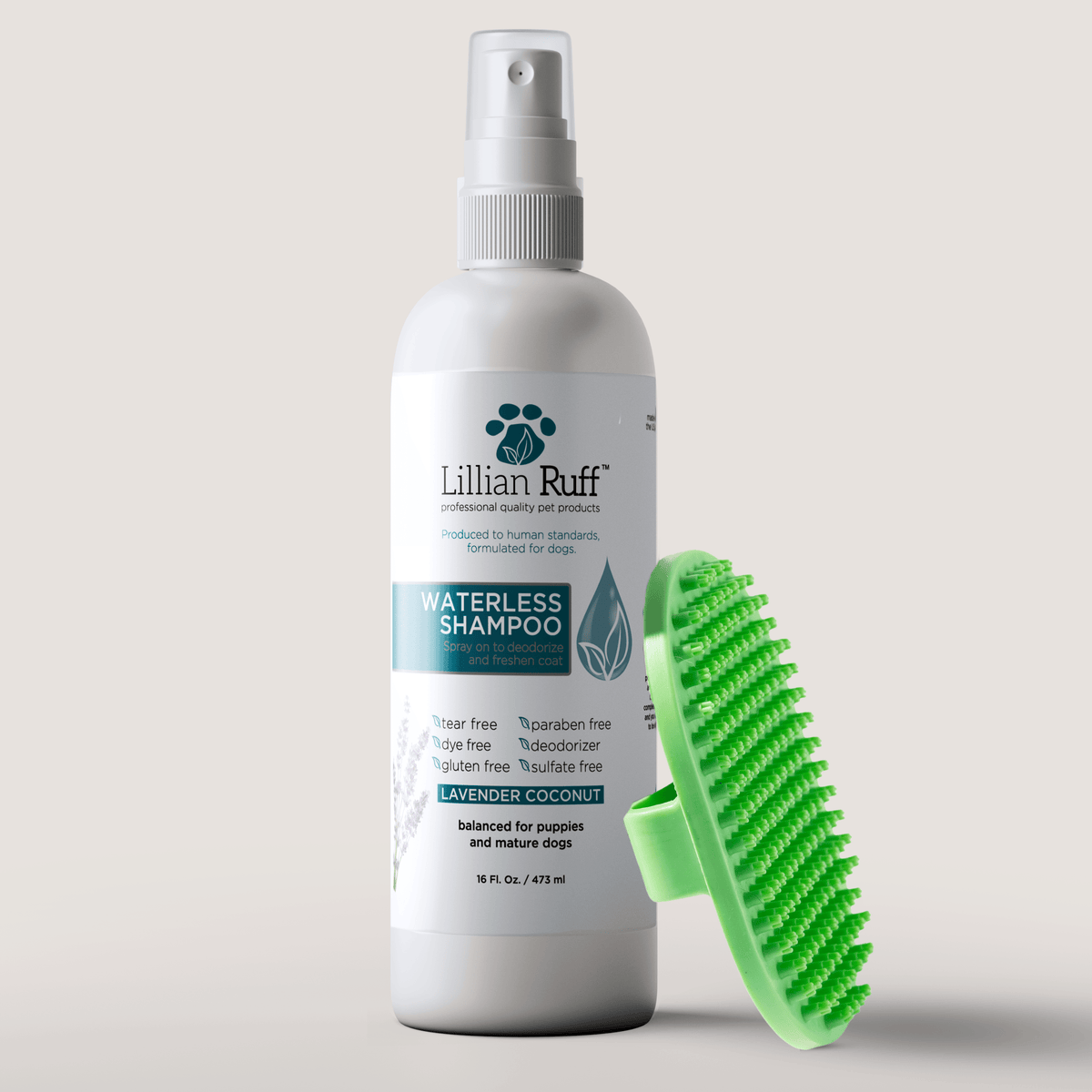 16 oz bottle of Waterless Shampoo in Lavender Coconut with bath brush, Lillian Ruff, sold through Sniff and Shift