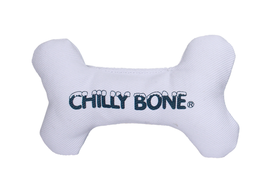Multipet Chilly Bone dog toy in white, a freezable chew bone shape.