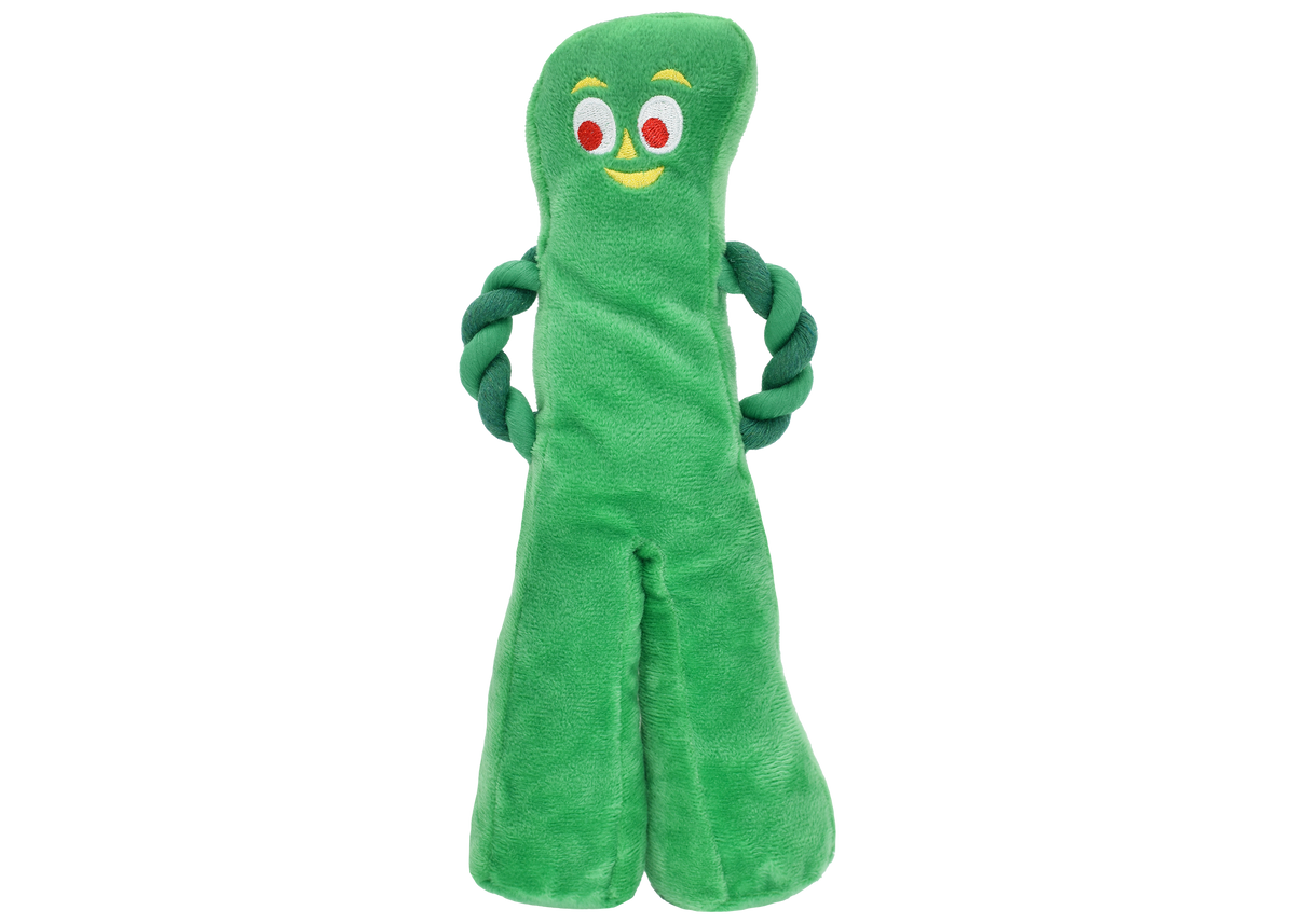Multipet Gumby plush dog toy with rope arms, 10 inch, classic character.