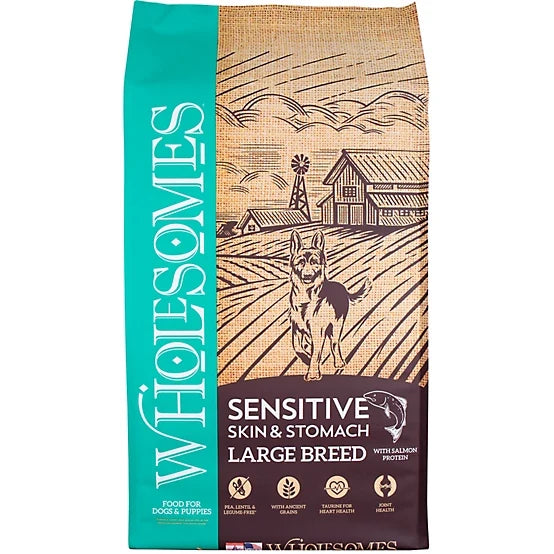 30 lb bag of Wholesomes Large Breed Sensitive Skin & Stomach Salmon dry dog food