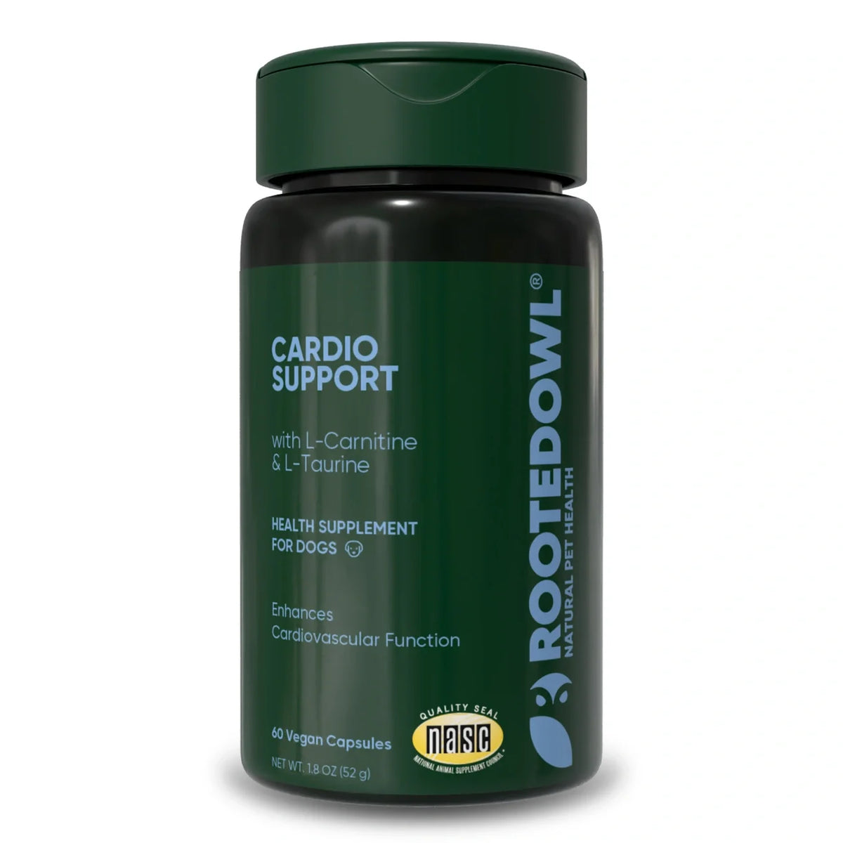Rooted Owl Cardio Support capsule supplement bottle for dogs, sold through Sniff and Shift