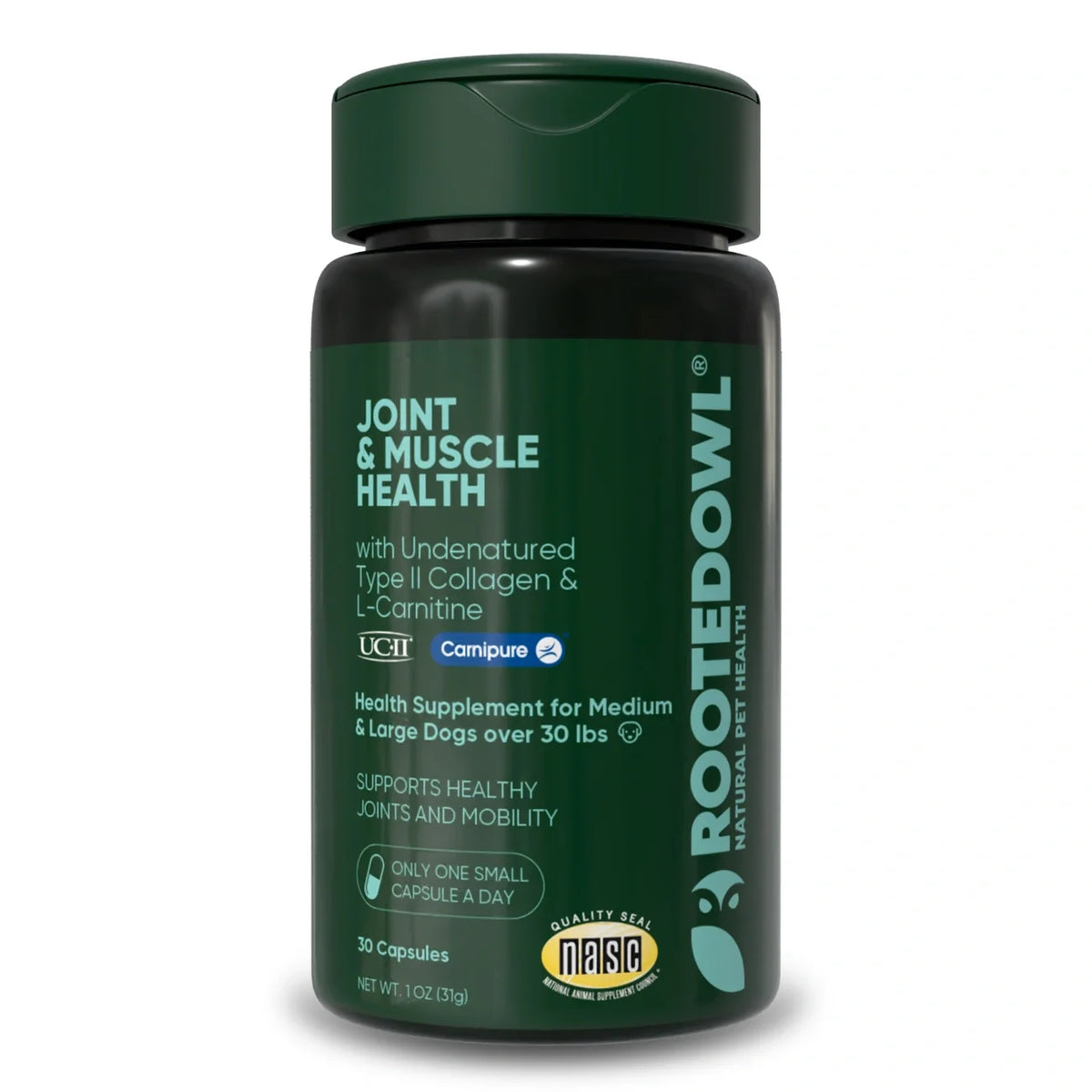 Rooted Owl Joint & Muscle Health capsule supplement bottle for medium and large dogs, sold through Sniff and Shift