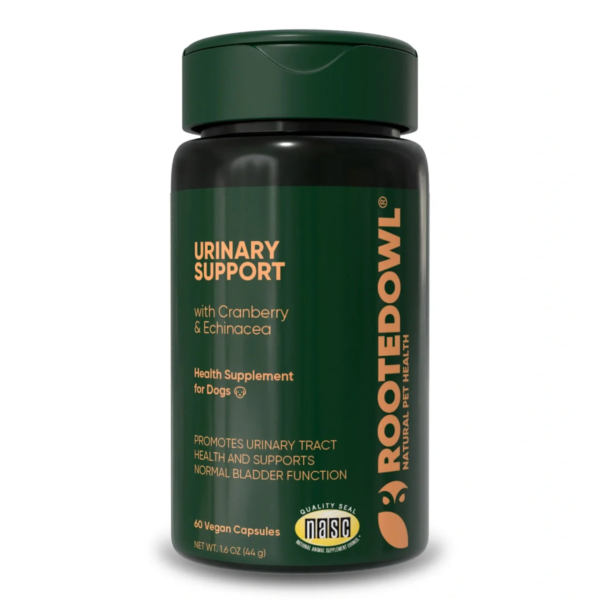 Rooted Owl Urinary Support capsule supplement bottle for dogs, sold through Sniff and Shift