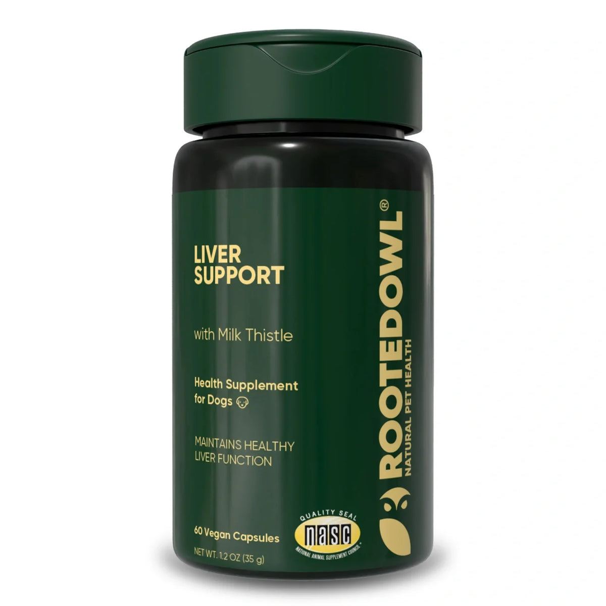 Rooted Owl Liver Support capsule supplement bottle for dogs, sold through Sniff and Shift