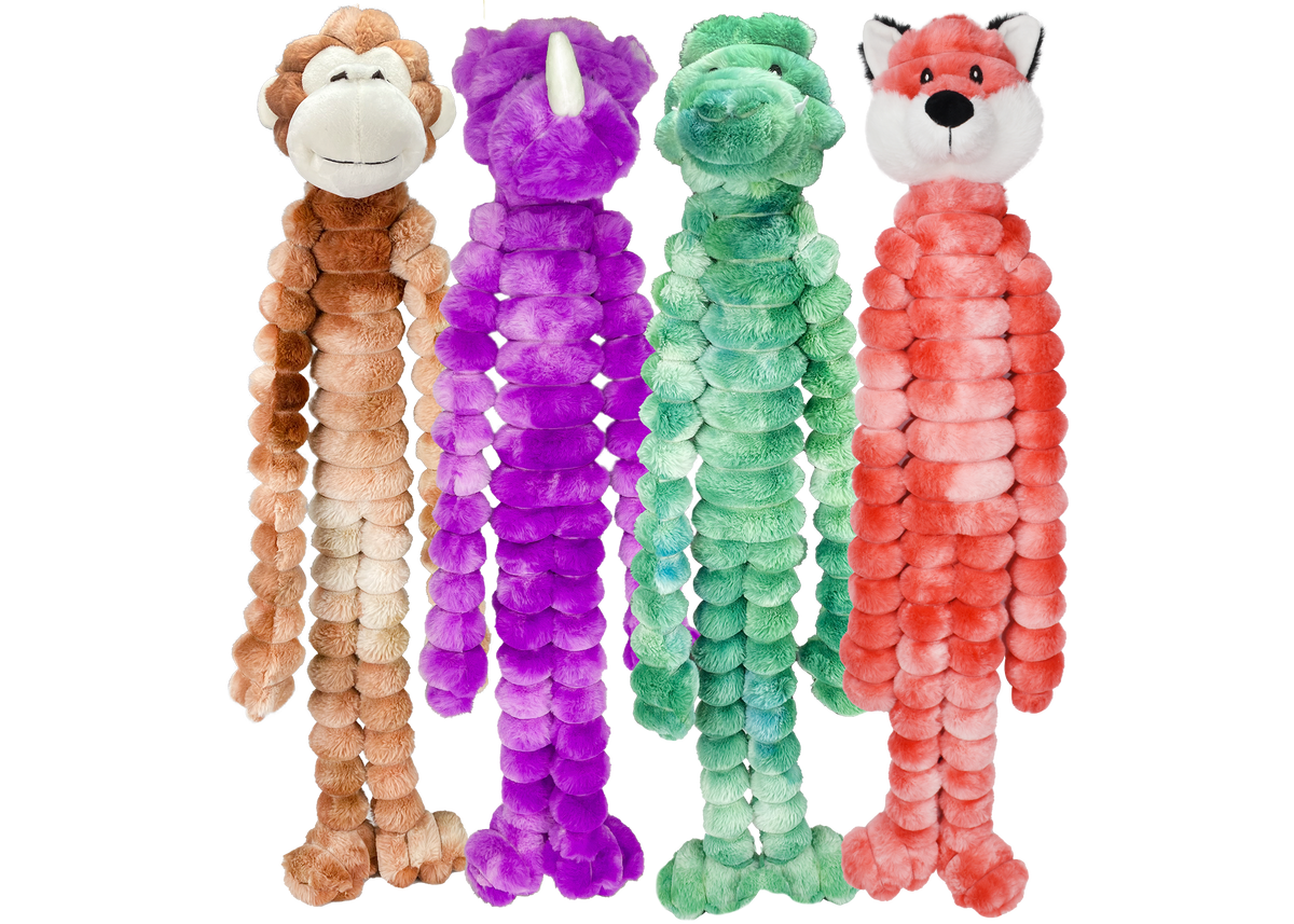 Multipet Crimpy Cuddlerz plush dog toy, 27 inch long-legged animal with squeaker.