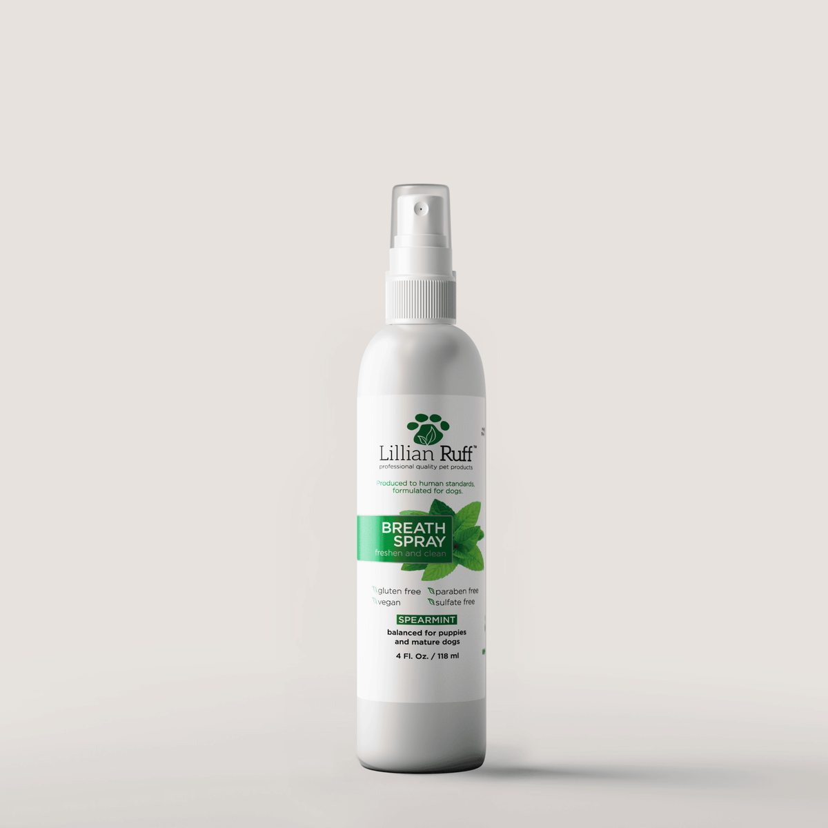 4 oz spray bottle of Breath Spray for dogs, Lillian Ruff, sold through Sniff and Shift