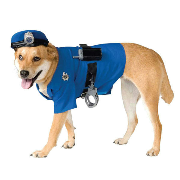 Dog wearing the Police Officer Dog Costume in Small, Halloween Store, sold through Sniff and Shift