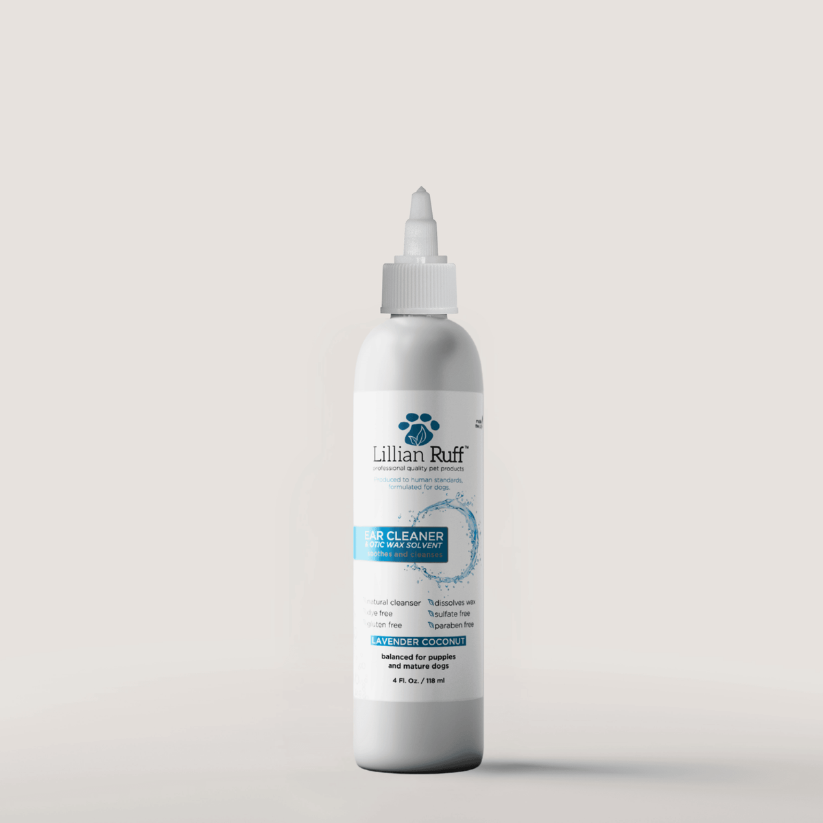 Ear Cleaner and Otic Wax Solvent bottles, available in 4 ounce and 8 ounce sizes, Lillian Ruff, sold through Sniff and Shift