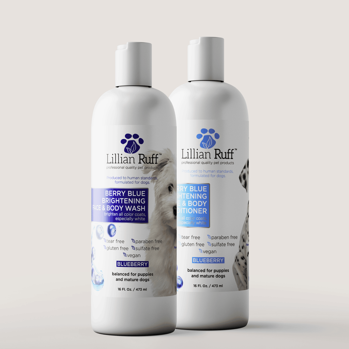 Berry Blue Brightening Shampoo & Conditioner Set bottles for light colored coats, Lillian Ruff, sold through Sniff and Shift